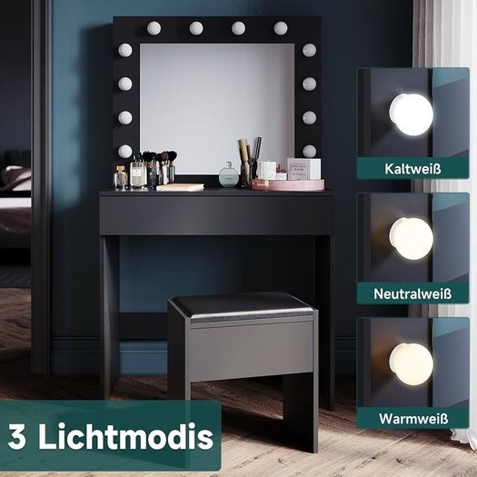 dressing table with stool, illuminated mirror, drawers, cosmetic table with 12 lights, 10 adjustable brightness, 3 colors, dressing table chest of drawers for bedroom, black, 80x40x140cm.