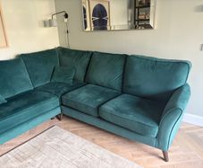 Beautiful L shaped velour sofa, Warwick fabric