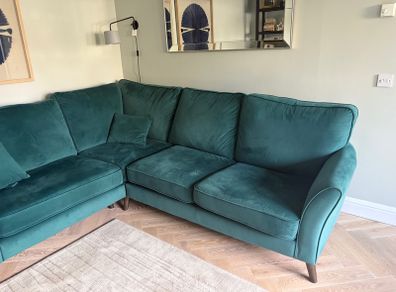 Beautiful L shaped velour sofa, Warwick fabric