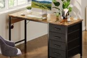 Computer Desk with Drawers, 120 x 48 cm Office Desk with Storage &amp; Headphone for Small Spaces, Reversible Small Study Table for Home Office, Vintage Brown