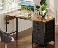 Computer Desk with Drawers, 120 x 48 cm Office Desk with Storage & Headphone for Small Spaces, Reversible Small Study Table for Home Office, Vintage Brown