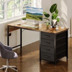 Computer Desk with Drawers, 120 x 48 cm Office Desk with Storage & Headphone for Small Spaces, Reversible Small Study Table for Home Office, Vintage Brown