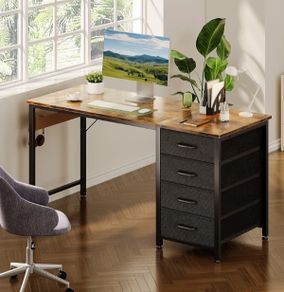 Computer Desk with Drawers, 120 x 48 cm Office Desk with Storage & Headphone for Small Spaces, Reversible Small Study Table for Home Office, Vintage Brown