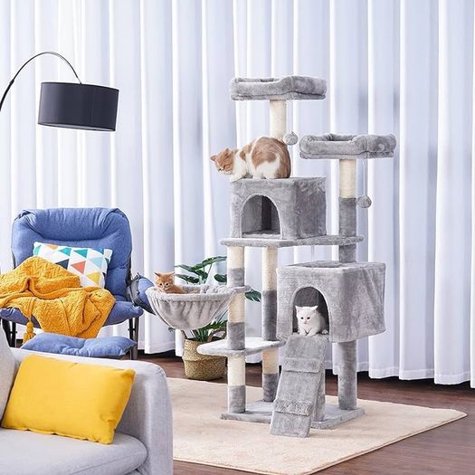 Cat Tree, 147 cm cat tower, Multi-Leve cat condo, Gray