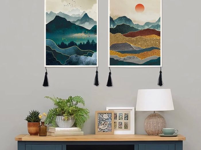 2 Pack Japanese Mountain Tapestry Wall Hanging with Tassels Misty Forest Tapestries Wall Art Sun Nature Landscape Home Decor for Bedroom Aesthetic (35 x 50cm)