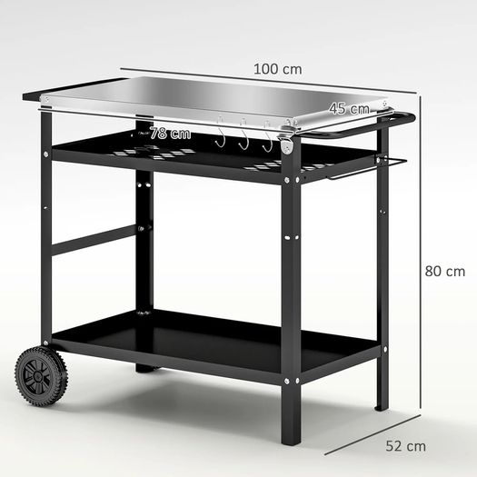 BBQ Trolley with Stainless Steel Top Adjustable Shelf, Outdoor Kitchen BBQ Station with Hooks Seasoning Tray Towel Rack, Pizza Oven Table Movable Outdoor Grill Dining Cart with Cover, Black