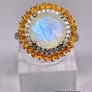 Rainbow Moonstone, Fire Opal, White Zircon Double Halo Ring in Rhodium Overlay Sterling Silver. Image 3