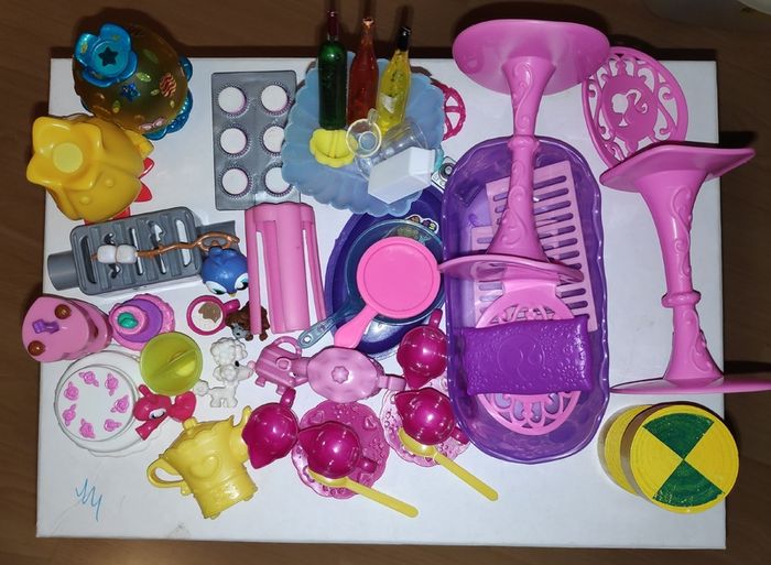 3 Barbie dolls with clothes & household accessories