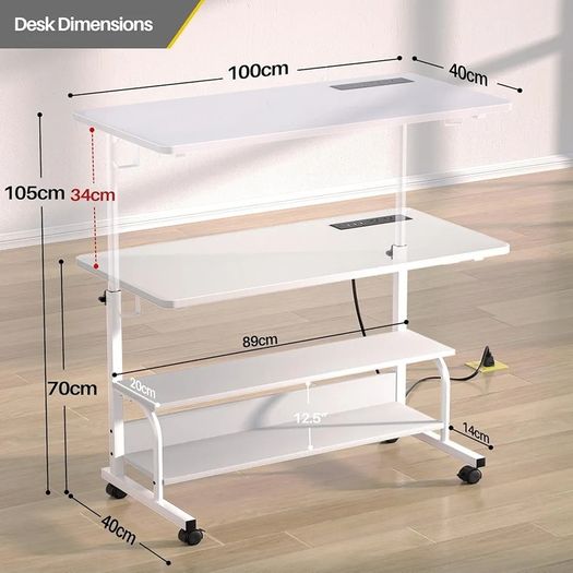 Mobile Standing Desk with Integrated UK Power Outlets & USB Ports, Height Adjustable (70-104cm) C-Shaped Rolling Laptop Table on Wheels for Home Office, Bedside, and Sofa, White