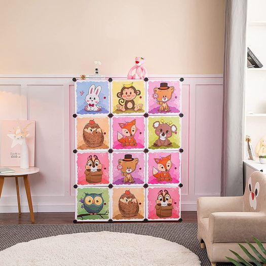 Cartoon Clothes Closet Wardrobe DIY Modular Storage Organizer, Sturdy and Safe for Children, 8 Cubes & 2 Hanging Sections, Pink, 110 x 47 x 147 cm