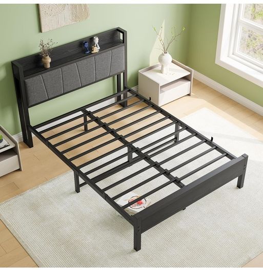 Double Bed Frames with Wooden Storage Headboard,Heavy Duty Metal Upholstered Platform Bed Frame