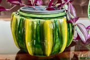Vintage Whimsical Green Yellow Melon Bowl Flower Pot Holder Olfaire Portugal