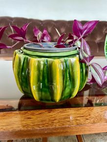 Vintage Whimsical Green Yellow Melon Bowl Flower Pot Holder Olfaire Portugal