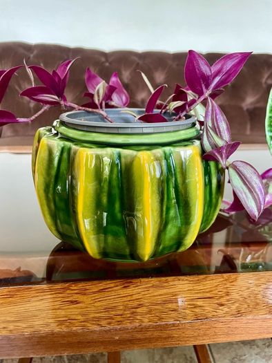 Vintage Whimsical Green Yellow Melon Bowl Flower Pot Holder Olfaire Portugal