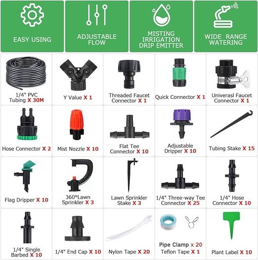 NEW SALE | 100FT Drip Irrigation System, 173Pcs Micro Irrigation Kit, Greenhouse Plant Watering Hose, Automatic Irrigation System with Adjustable Nozzle Sprayer and Dripper Automatic for Lawn, Garden, Patio