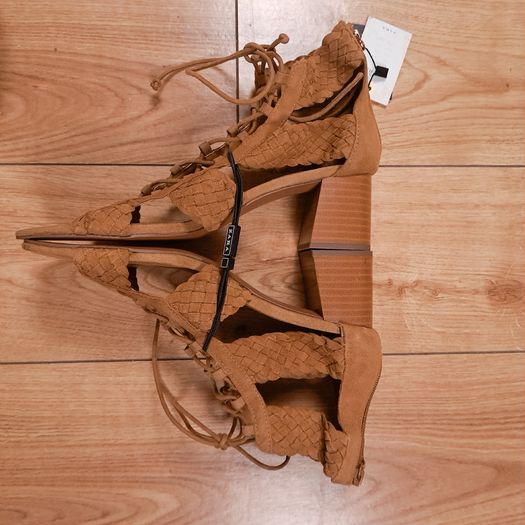 Zara Brown Tan Woven Lace-Up Gladiator Block Heel Sandals 6UK/39EU
