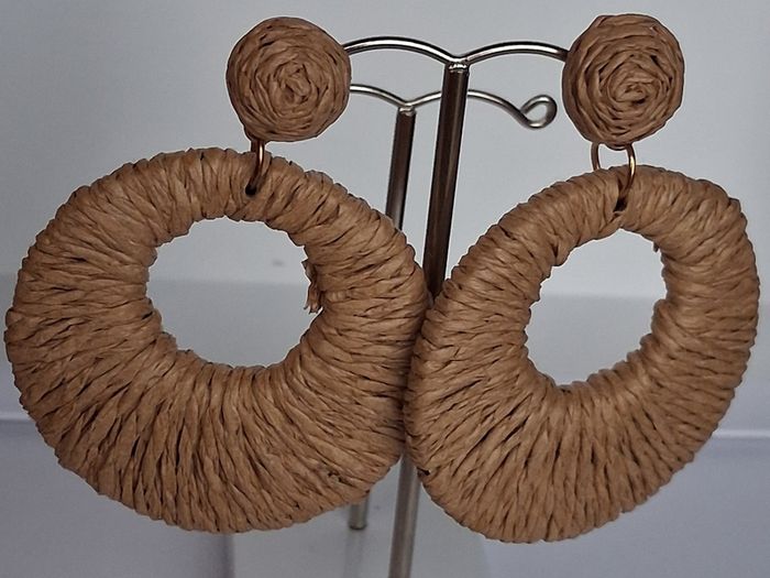 Coffee Beige Raffia Woven Stud Hollow Out Woven Hoop Earrings