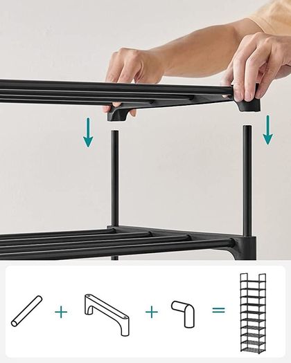 Shoe Rack, 10-Tier Metal Shoe Storage Organiser, Customisable Design, Metal Frame, Space-Saving Rack, for Dressing Room, Hallway, 30 x 45 x 174 cm, available in Black/Grey (FREE POSTAGE)