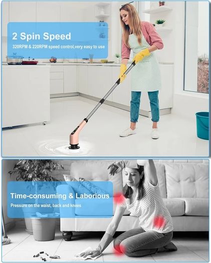 Electric Spin Scrubber, 360 Cordless Powerful Scrub Brush for Cleaning Bathroom, Kitchen, Shower Tub and Floor Tile with Adjustable Extension Long Handle and 8 Replaceable Rotating Brush Heads(Rose)