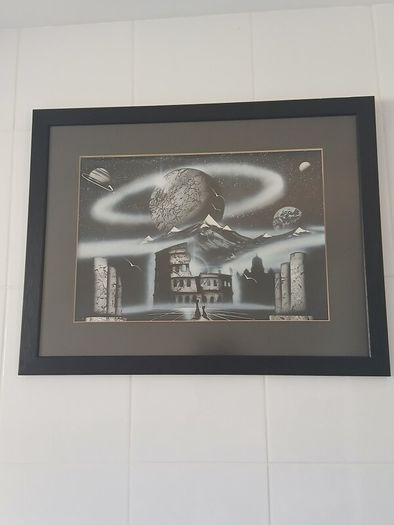 Original Surrealist Spray Paint Art. Professionally Framed 22 x 27 inches.