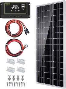 NEW SALE | Solar Panel Kit 100 Watt 12 Volt Monocrystalline Off Grid System for Homes RV Boat + 30A 12V/24V LCD PWM Solar Charge Controller + 16ft Solar Cables with Connector + Z-Brackets for Mounting