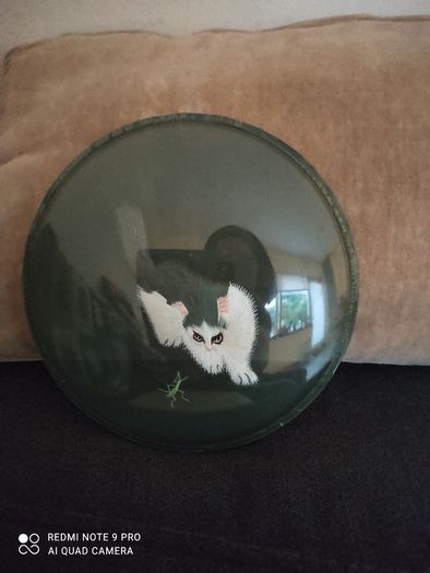 Vintage 70's art piece,of a double sided silk thread embroidered cat and a cricket design
