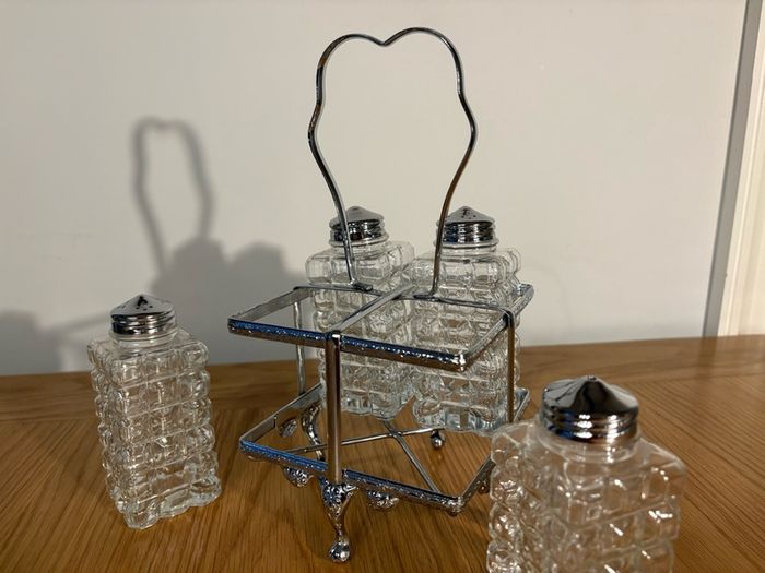 Vintage 4 piece Glass Cut Cruet Set, with Silver Plated Stand