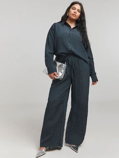 Brand new with tags UK12 Simply Be Blue Textured Satin Wide Leg Trouser