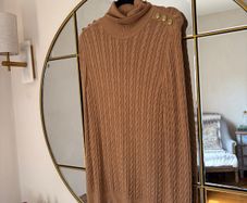 Holland Cooper Camel Cable Knit Roll Neck Sweater Gold Buttons Size S