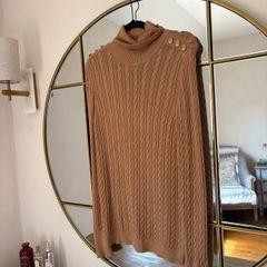 Holland Cooper Camel Cable Knit Roll Neck Sweater Gold Buttons Size S
