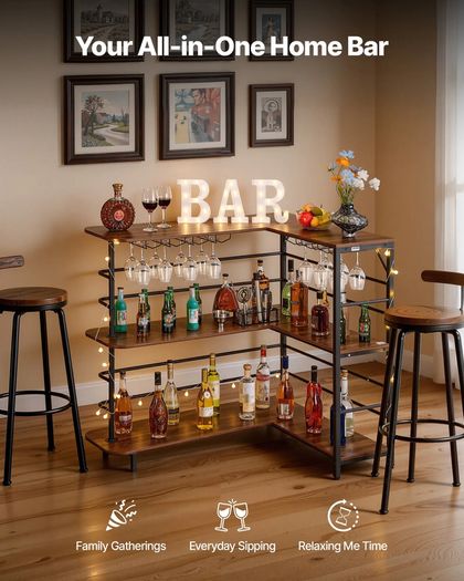 Home Bar Unit, L-Shaped Wine Bar Cabinet Table 3-Tier with Storage Shelves