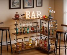 Home Bar Unit, L-Shaped Wine Bar Cabinet Table 3-Tier with Storage Shelves
