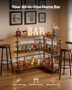 Home Bar Unit, L-Shaped Wine Bar Cabinet Table 3-Tier with Storage Shelves