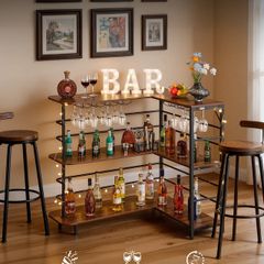 Home Bar Unit, L-Shaped Wine Bar Cabinet Table 3-Tier with Storage Shelves