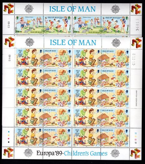 1989 Isle of Man Europa Children's Games Communications Commemorative Stamp Sheetlets Mint Never Hinged (MNH).
