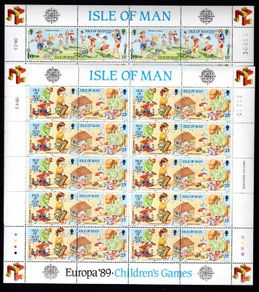 1989 Isle of Man Europa Children's Games Communications Commemorative Stamp Sheetlets Mint Never Hinged (MNH).