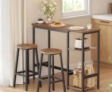 Bar Table with 2 Bar Chairs Dining Set Dining Set with Storage Shelf for Living Room Kitchen Metal Frame Easy Assembly