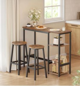 Bar Table with 2 Bar Chairs Dining Set Dining Set with Storage Shelf for Living Room Kitchen Metal Frame Easy Assembly