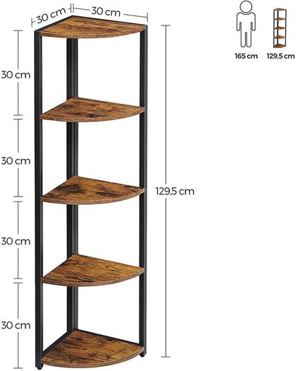 5 Tier Corner Shelf Bookcase Storage Shelf Multifunctional Living Room Bedroom Office Industrial Design Vintage Brown/Black