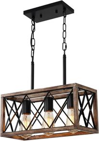Farmhouse Kitchen Island Lighting, 3 Lights Pendant Lighting Fixtures, Adjustable Height, Industrial Dining Room Light for Living Room Foyer Dining Table Over Sink. (Wood Grain Color)