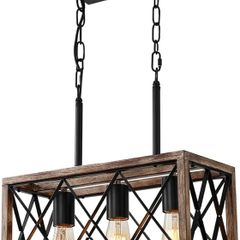 Farmhouse Kitchen Island Lighting, 3 Lights Pendant Lighting Fixtures, Adjustable Height, Industrial Dining Room Light for Living Room Foyer Dining Table Over Sink. (Wood Grain Color)