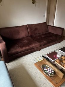 Brown velvet sofa with bun feet