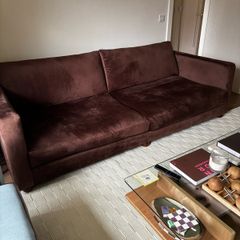 Brown velvet sofa with bun feet