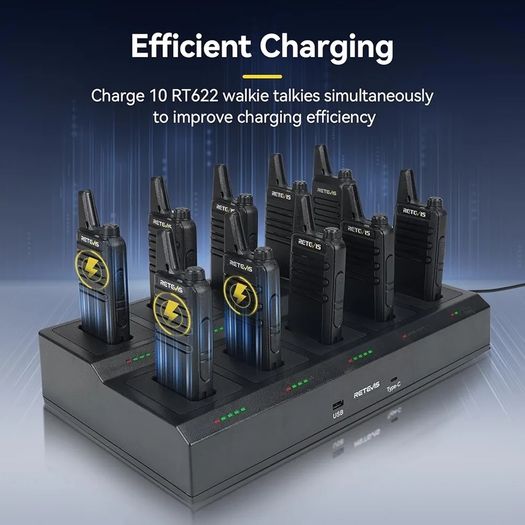 RT622 Walkie Talkie, 113g Compact 2 Way Radio, 10-in-1 Charging Base, Portable Radio Back Clip, 5 LED Indicators, PMR446 Walkie Talkies for Adults for Hospitality, Restaurant (Black, 10 Pack