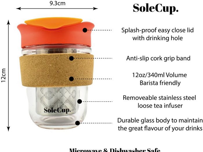 SoleCup Reusable Glass Travel Mug with Cork Band and Lid - Pink
