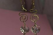 Handmade Brass Drops, Wire Swirl Jewelry, Pink Crystal Bead Dangles, Boho Ear Hooks
