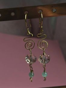 Handmade Brass Drops, Wire Swirl Jewelry, Pink Crystal Bead Dangles, Boho Ear Hooks