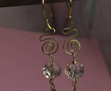 Handmade Brass Drops, Wire Swirl Jewelry, Pink Crystal Bead Dangles, Boho Ear Hooks
