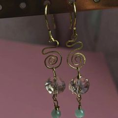 Handmade Brass Drops, Wire Swirl Jewelry, Pink Crystal Bead Dangles, Boho Ear Hooks