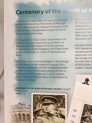 Michael Collins 2022 Centenary Stamp, Strip of 4 with sheet header and An Post Collector Booklet 2022